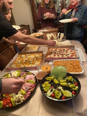 Grandma's pizza, penne in vodka sauce, antipasto, garden salad