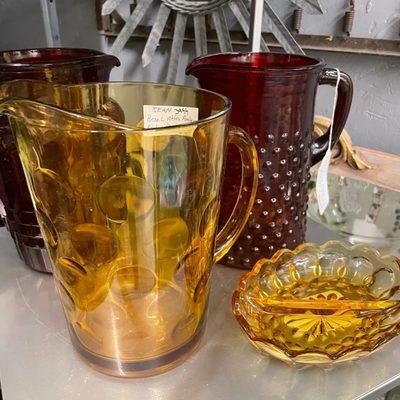 Gorgeous depression glass Pitchers located at The Market in Acworth Ga.