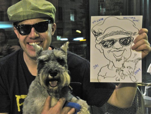 Caricature of a man with his dog.