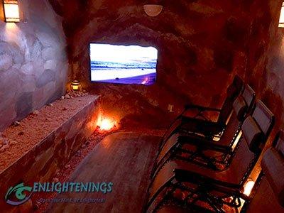 Himalayan Salt Therapy Cave Theatre Recliners and Ultra High Definition screen with digital surround sound