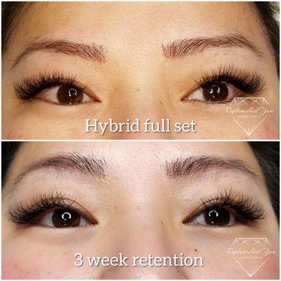 Hybrid lashes immediately after and at 3 weeks before her fill!