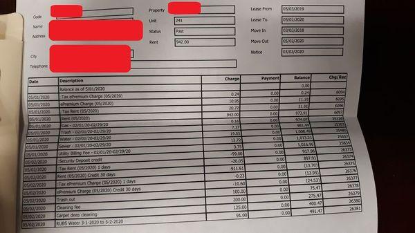 My final bill for 2 days in May showing they double charge for "cleaning" and "trash removal".  Two "water" charges, too (one on 5/1 & 5/2)