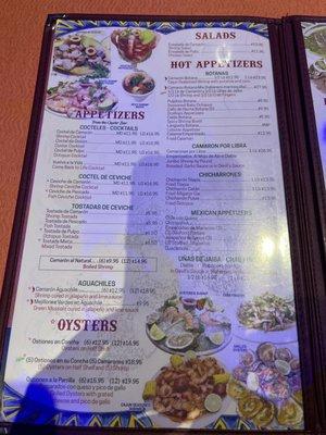 Salads and Oysters menu page