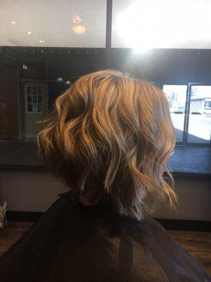 Super fun, stacked bob with bold blondes for Miss Nina!