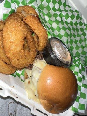 Swiss & Shroom Burger with onion rings