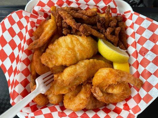 Seafood Platter. Fresh Halibut, Shrimp, Clam Strips and Chips.