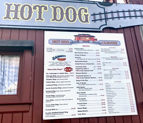 Menu outside the Hotdog Caboose!