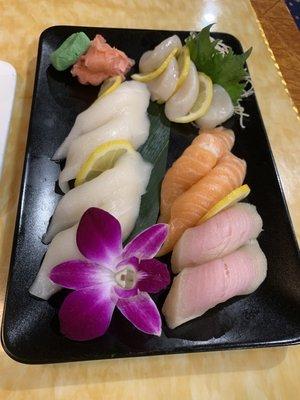 Scallop Sashimi, Super White Tuna, Salmon and Yellowtail Sushi