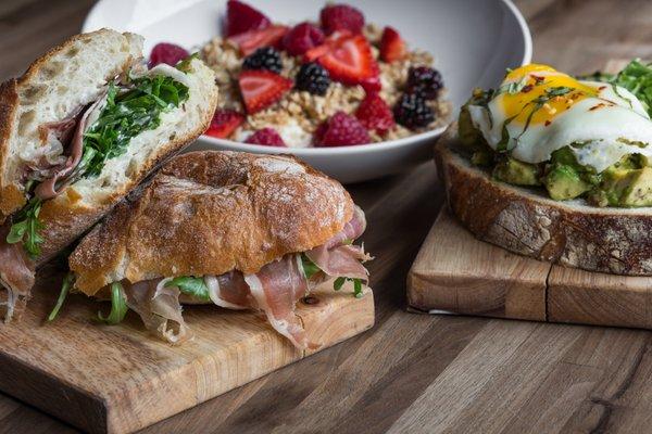 Clockwise from 12: Granola Bowl, Avocado Toast, Di Parma (prosciutto sandwich).