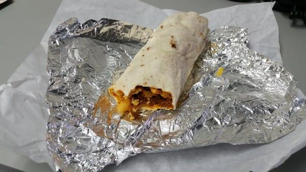 Breakfast burrito with chorizo and red chile