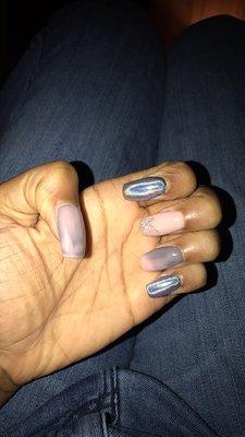 Chrome nails, mood change nails, and a simple nude with glitter nail.