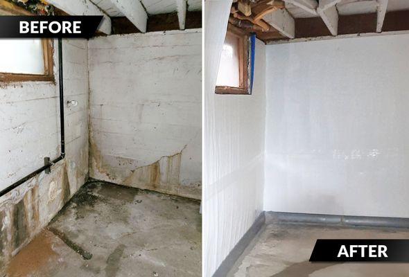 Before and after photos of a basement waterproofing in Eugene, Oregon.