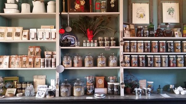 Bulk dried herbs and blended teas available in shop.