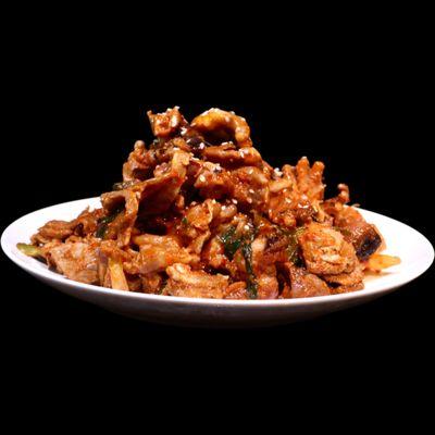 Jjukkumisamgyeopsal is a spicy stir fry of pork and baby octopus (iidako).