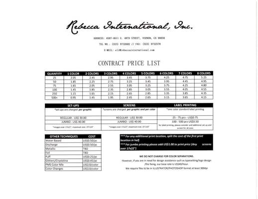 Printing services price list