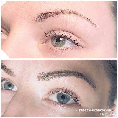 Before and after microbladed brows