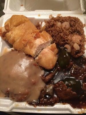 Almond boneless chicken, shrimp fried rice, pepper steak & egg foo young