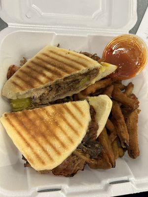 Cuban panini with eggplant fries