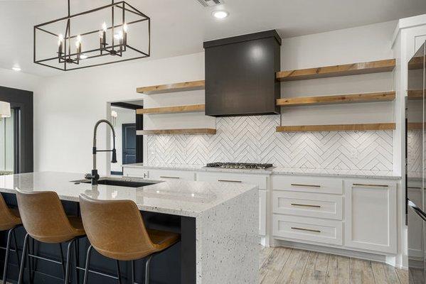 kitchen with waterfall island kennedy homes pryor,ok