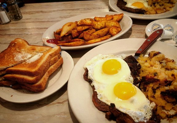 Love their steak and eggs with home fries, toast and a side order of Seasoned fries and coffee.