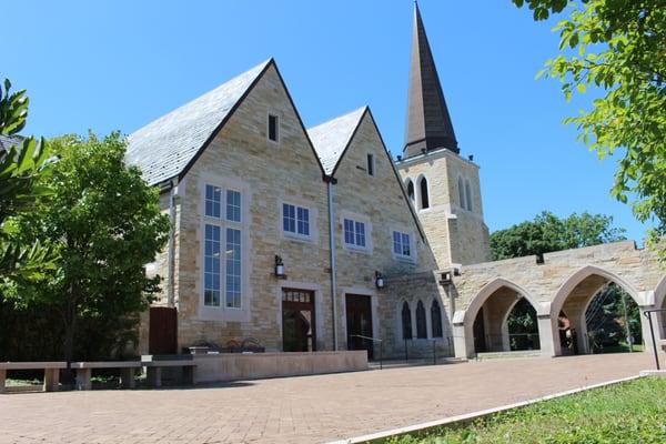 Open courtyard connecting the Church & Parish Center buildings.