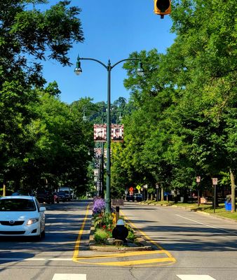 Beautiful main street with pics of soldiers hung from the street lights and flowers planted in the medians