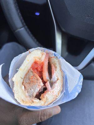 Meatball provolone Marinara sub - with added pepper jack cheese, tomato, light red onion, light mayonnaise, salt pepper and oregano.