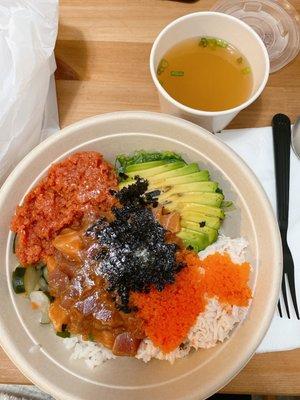 Tuna, Salmon, Spicy Tuna, Avocado, Masago, Cucumber, Cilantro, Green Onion, Nori, White Rice, Crab Salad, Miso Soup