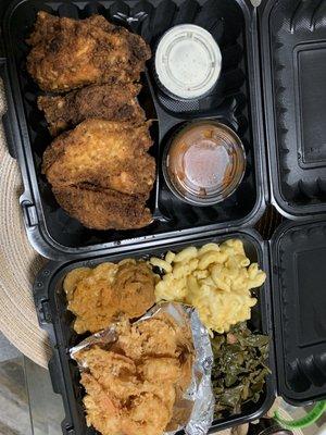 Soul Food Plate with Side of Chicken Wings 7pcs Guava BBQ sauce on the side. Highly recommend