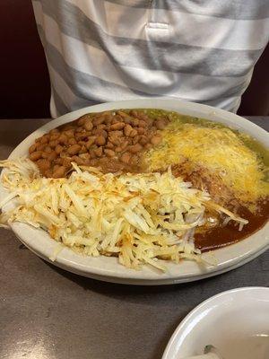 Huevos rancheros with merry Christmas chile combo