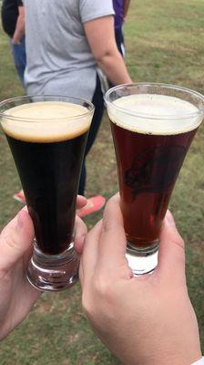 Coffee cream stout (left) and maple brown ale (right)