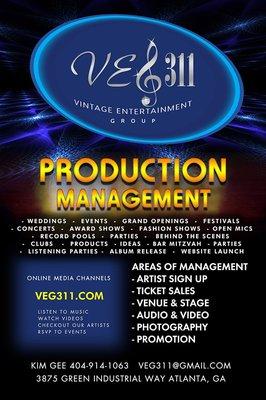 Production Management Services. We provide audio / visual concert production, venue rental, ticket provider, and marketing. www.veg311.com