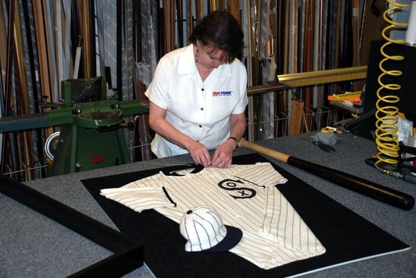 Terry working on a jersey shadowbox