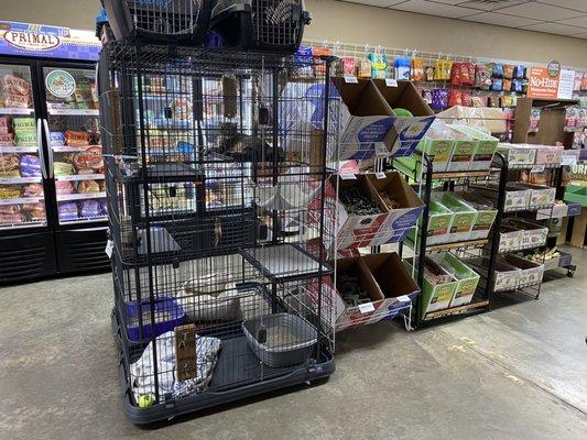 Frozen dog food and a cat cage