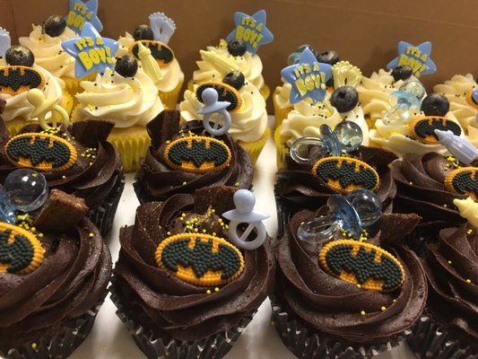 Batman baby shower cupcakes- Brownie Batter Blackout & Lemon Blueberry Cheesecake