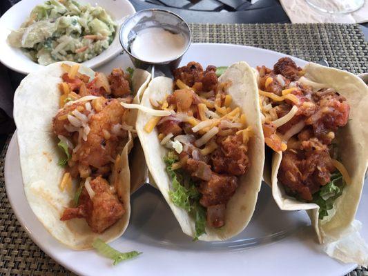 Blackened Grouper Tacos with a side of very creamy Cole slaw. VG!  A tad spicy.