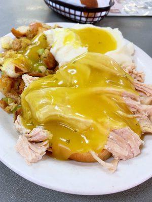 Open Face Turkey Sandwich with Stuffing and Mashed Potato