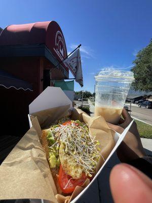 Avocado toast w/egg and iced cappuccino!