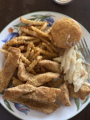 Catfish, fries, Mac & cheese and corn bread.