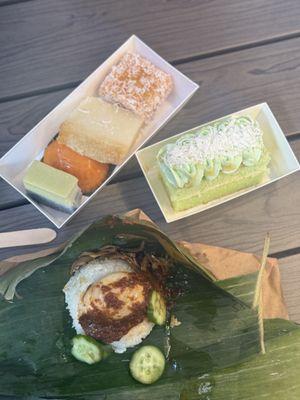 Nasi lemak, pandan came, and dessert sampler