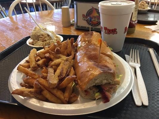 Brisket po boy was really good . Whole can be split for two . Nice friendly staff !