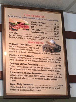 Sandwiches and quesadillas menu