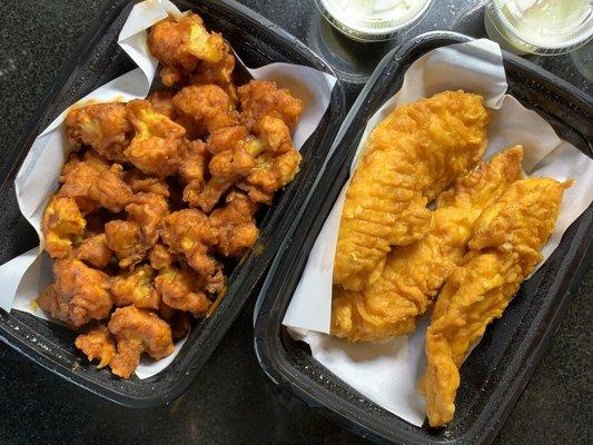 Buffalo Cauliflower and Chicken Tenders