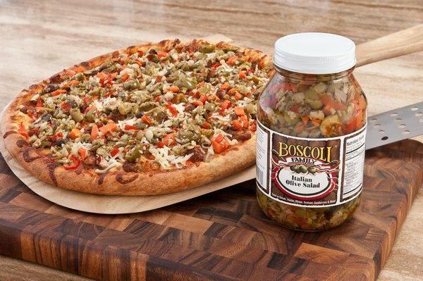 Boscoli Family Olive Salad is a fantastic pizza topping