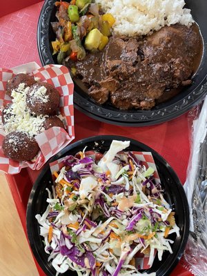 Sweet bites, tostones, Asado negro plate