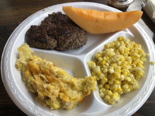 Hamburger Steak, Squash Casserole, Fresh Whole-Kernel Corn and Cantaloupe -- all with sweet tea for $8.50