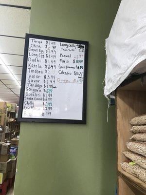 Prices of vegetables on 8/26/18. A few of them are in Hindi.