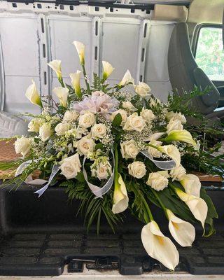 Calla Lily & Rose Casket Spray with Pearl Accents