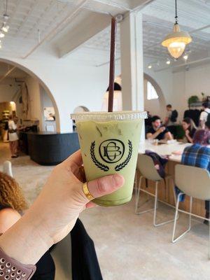 Iced matcha latte with oat milk