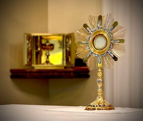 Jesus in the Eucharist in the monstrance on the altar with the tabernacle open on First Friday's mornings after 9 am healing mass.